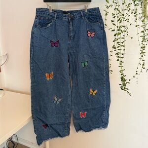 Fashion Nova Blue Denim Jeans with Colorful Embroidered Butterflies